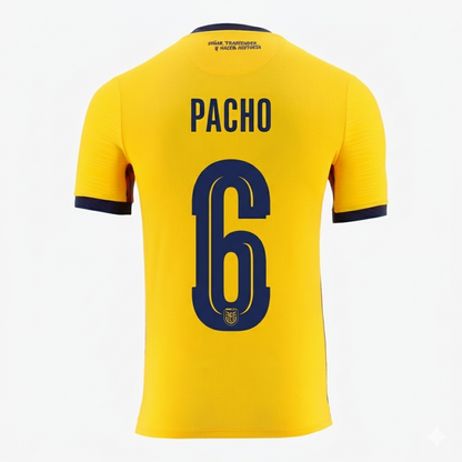 Yellow sports jersey with 'PACHO' and number '6' on a white background
