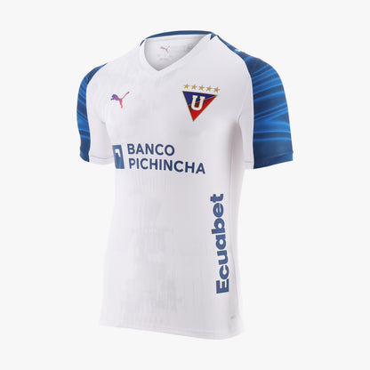 White sports jersey with blue accents and sponsor logos on a white background
