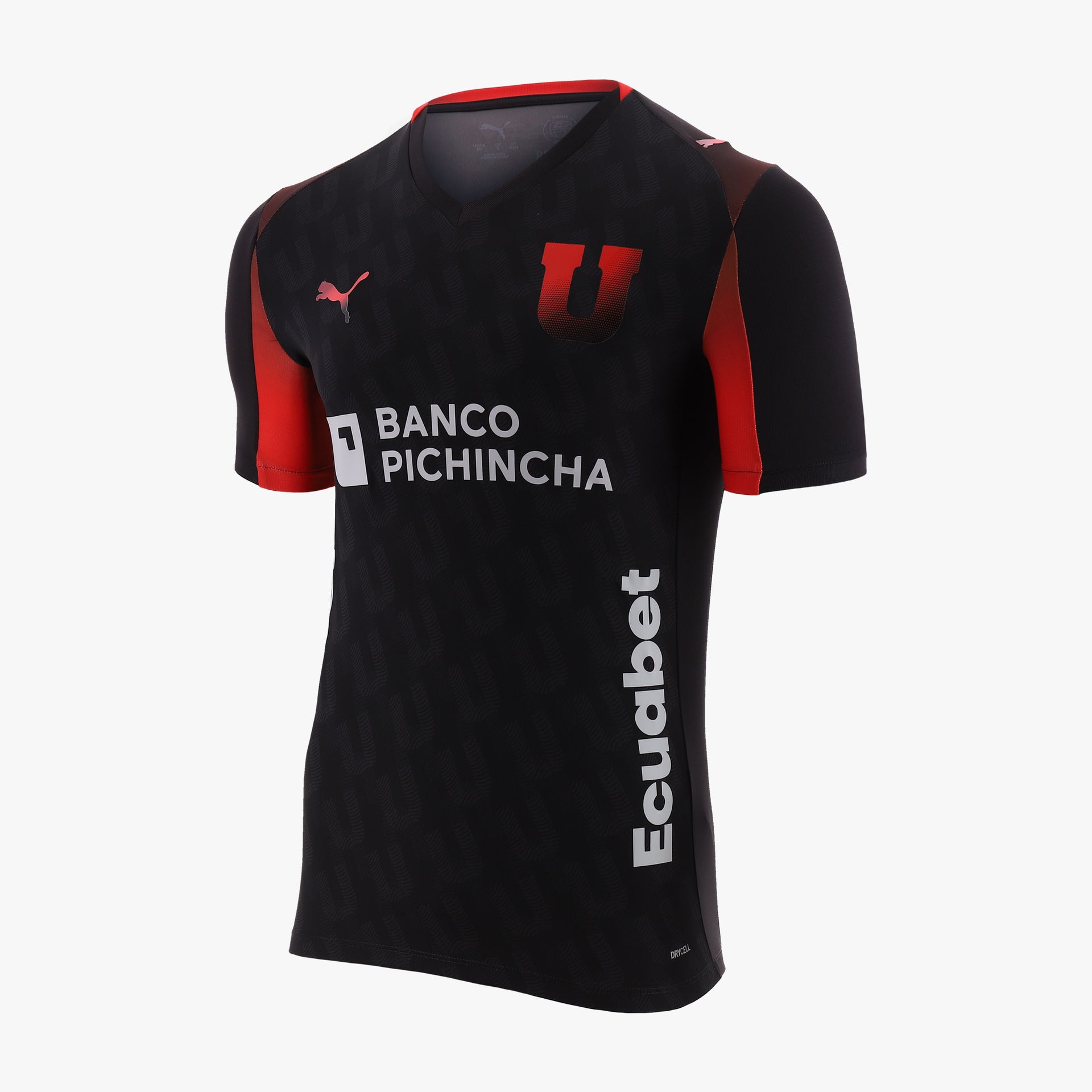Black sports jersey with red accents and visible branding on a white background
