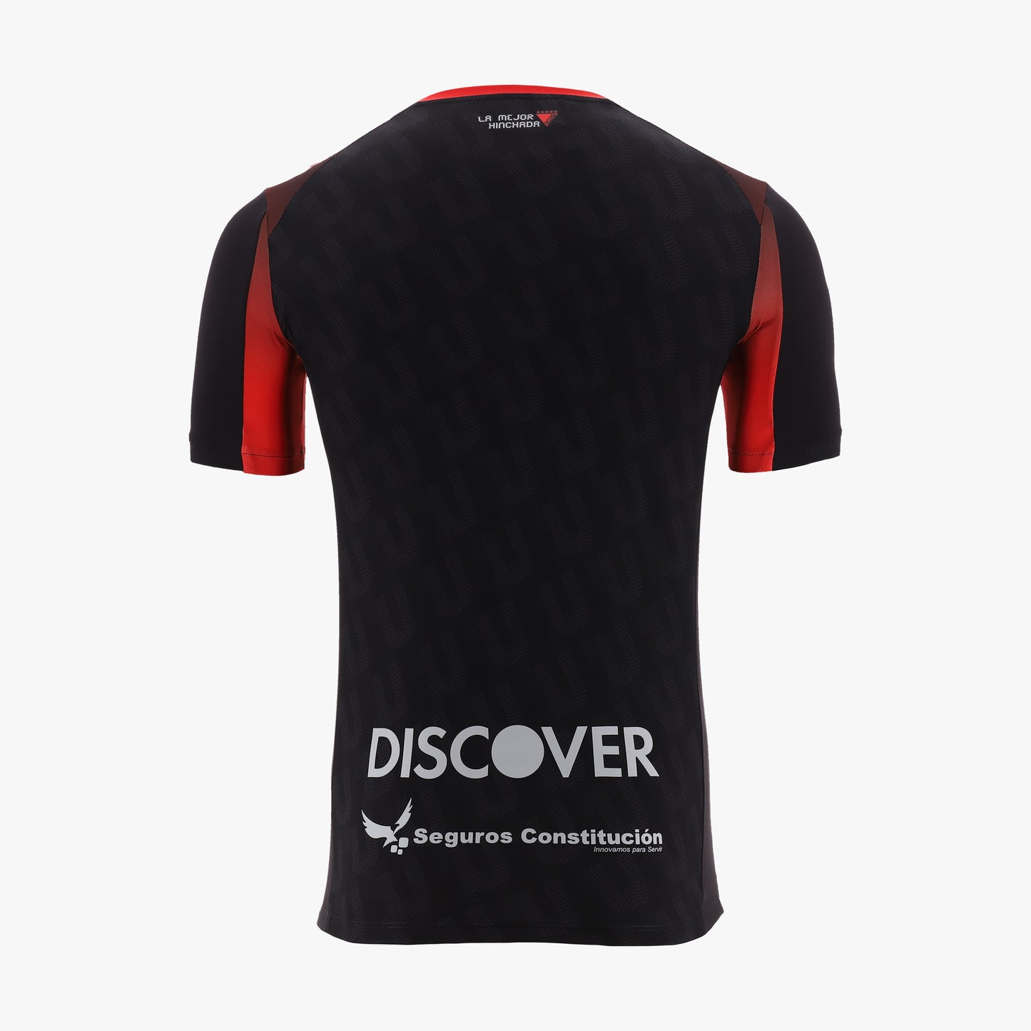Black sports jersey with red sleeves and 'Discover' branding on a white background