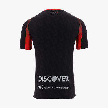Black sports jersey with red sleeves and 'Discover' branding on a white background