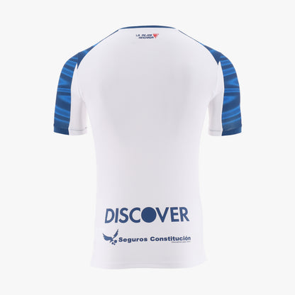 White sports jersey with blue accents and brand logos on a white background